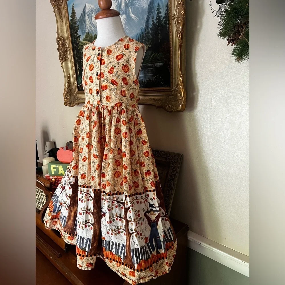 🎃 Girls Handmade Halloween Scarecrow Pumpkin Patch Sleeveless Dress